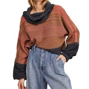 Free People Catch A Smile Cropped Cowl Neck Sweater in Gray, Pink, and Yellow